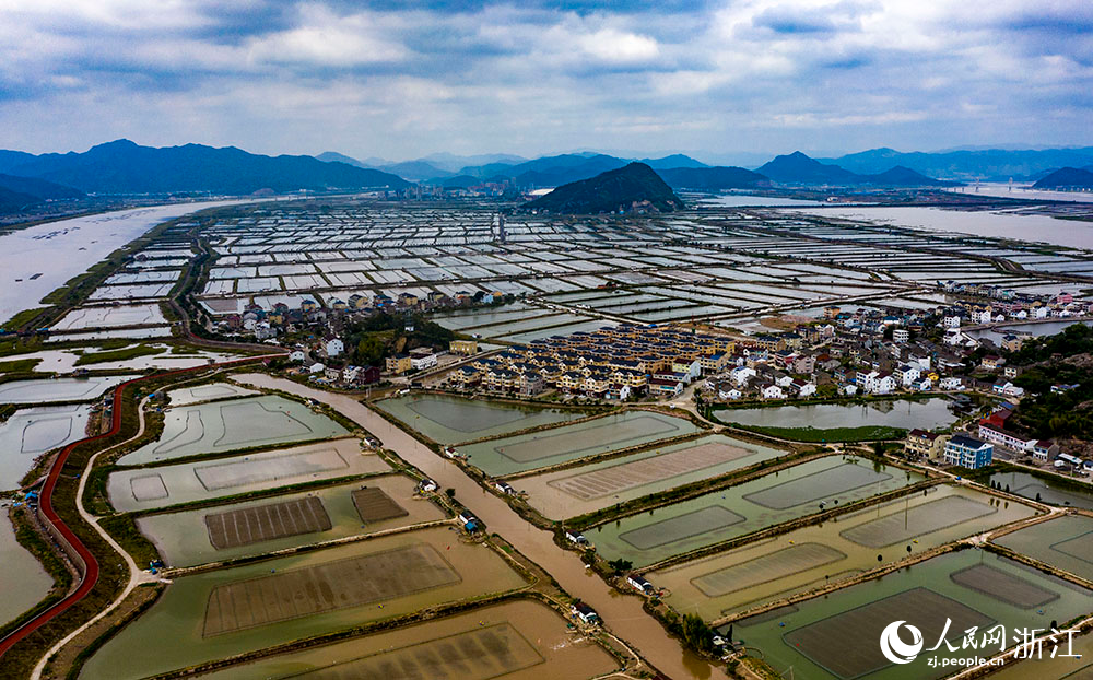 空中俯瞰臺州市三門縣萬畝養殖塘，美景如畫。人民網 章勇濤攝