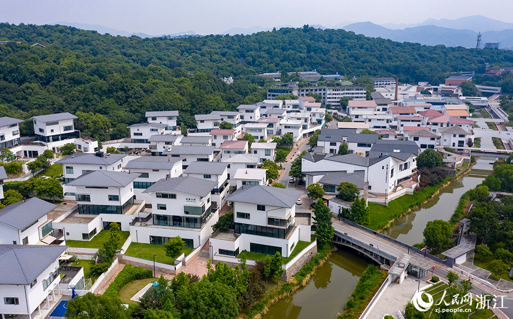 6月5日，空中俯瞰杭州市西湖區藝創小鎮象山藝術公社，依山傍水，一條象山渠由西向東貫穿而過。人民網 章勇濤攝