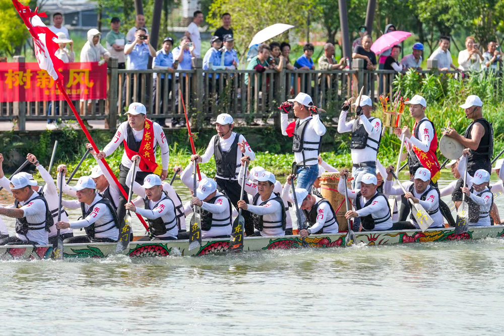 6月19日，在瑞安市中塘河，龍舟愛好者正在劃龍舟、賽龍舟。孫凜攝