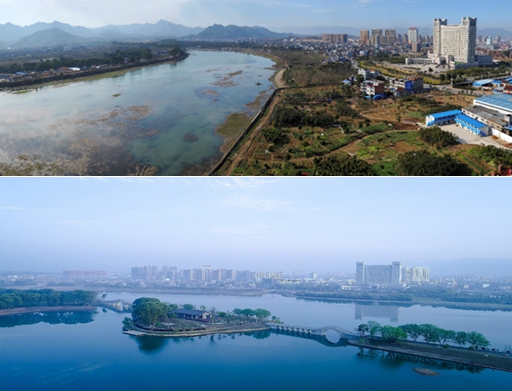 始豐溪國家濕地公園治理改造前后對比。臺州市生態(tài)環(huán)境局天臺分局供圖